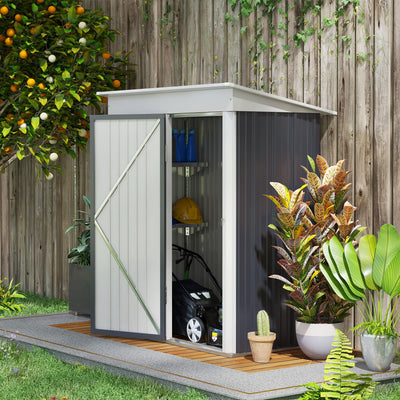 Outsunny Metal Garden Shed, Outdoor Lean-to Shed for Tool Motor Bike, with Adjustable Shelf, Lock, Gloves, 5'x3'x6',  Dark Grey 