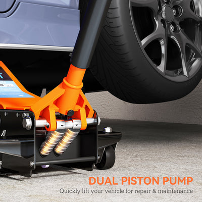HOMCOM 2.5 Ton Hydraulic Low-Profile Floor Jack, with 7.5-47cm Lifting Range, Wheels, Orange 