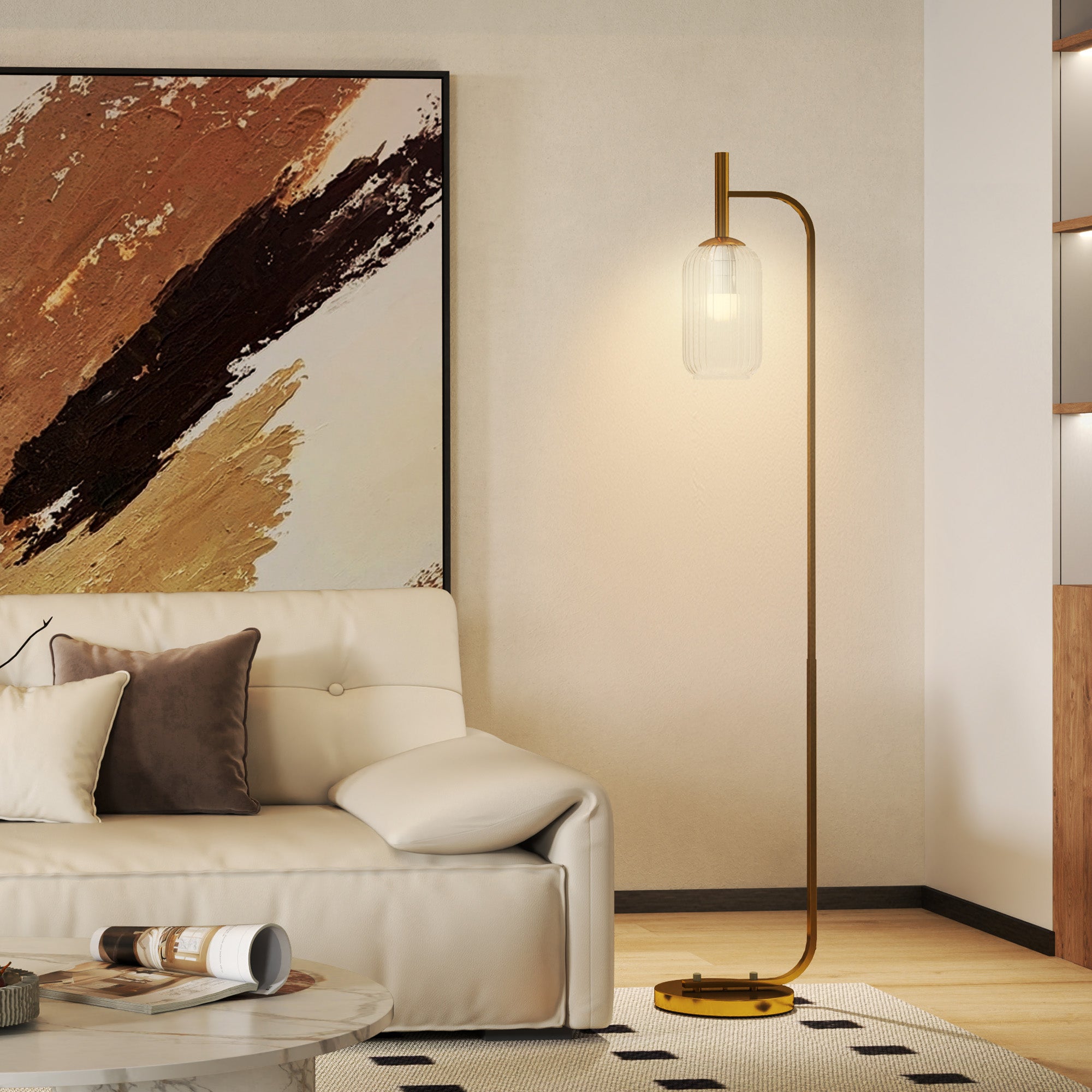 HOMCOM Floor Lamp for Living Room with Glass Lampshade, Modern Standing Lamp with Foot Switch for Bedroom, Bulb not Included, Gold Tone 