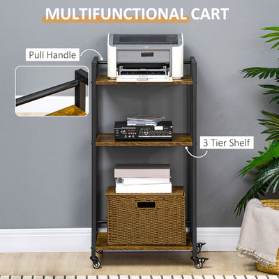 HOMCOM 3-Tier Printer Stand, Utility Cart, Rolling Trolley with Adjustable Shelves with Lockable Wheels for Home Office, Rustic Brown 