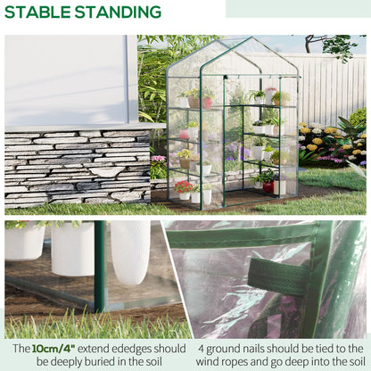 Outsunny Walk in Greenhouse with 4-Tier 8 Shelves, Green House with Hemmed Cover, Roll-up Zipped Door, Steel Frame, 143 x 73 x 195cm 