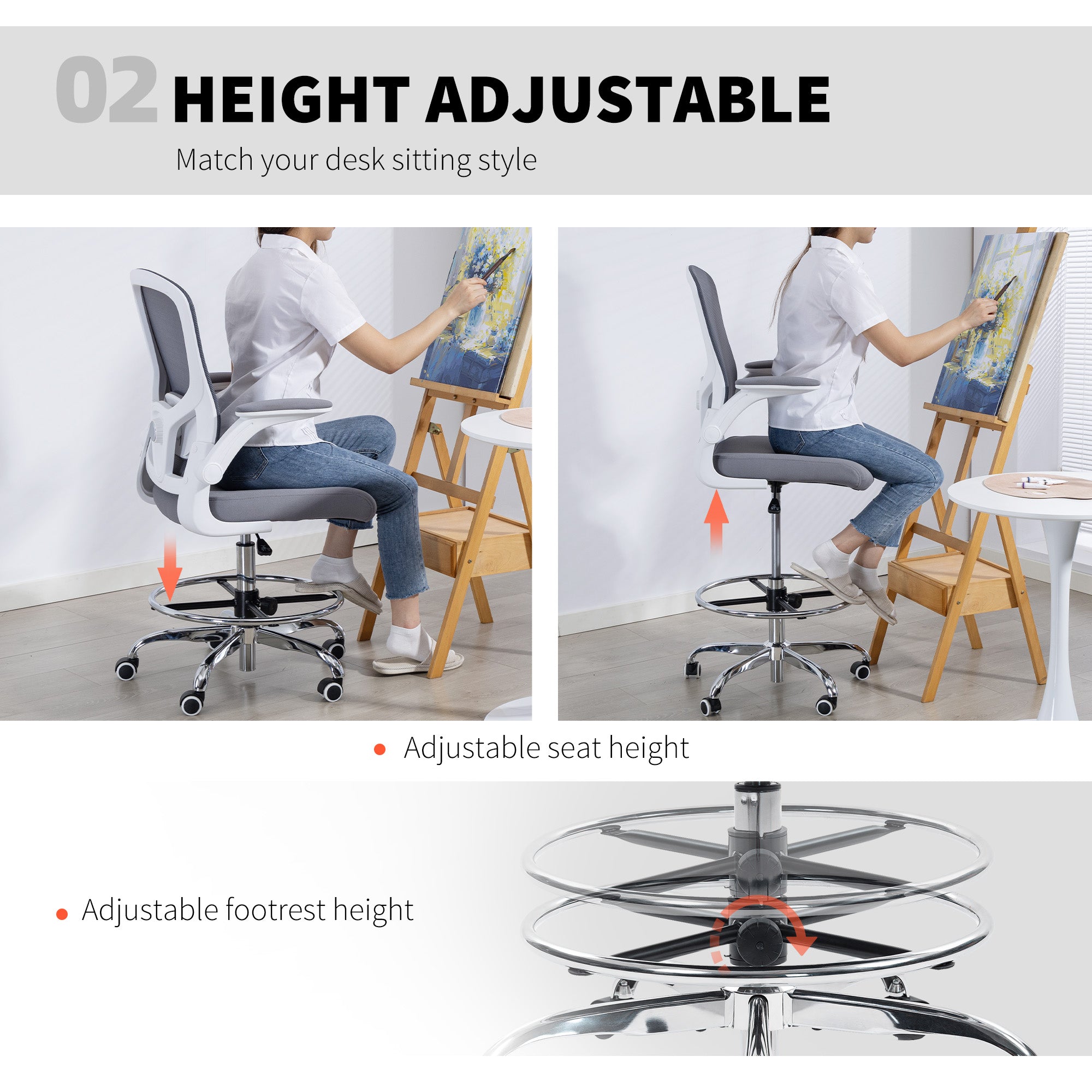 HOMCOM Draughtsman Chair, with Adjustable Lumbar - Charcoal Grey 