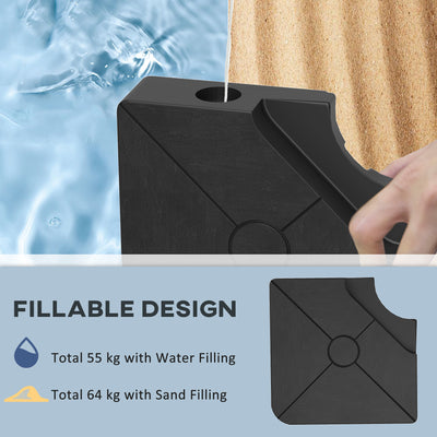 Outsunny Umbrella Weights for Cantilever Parasols, Set of 4 Heavy Duty Parasol Base Weights, 64kg Sand or 55kg Water Filled, Black 