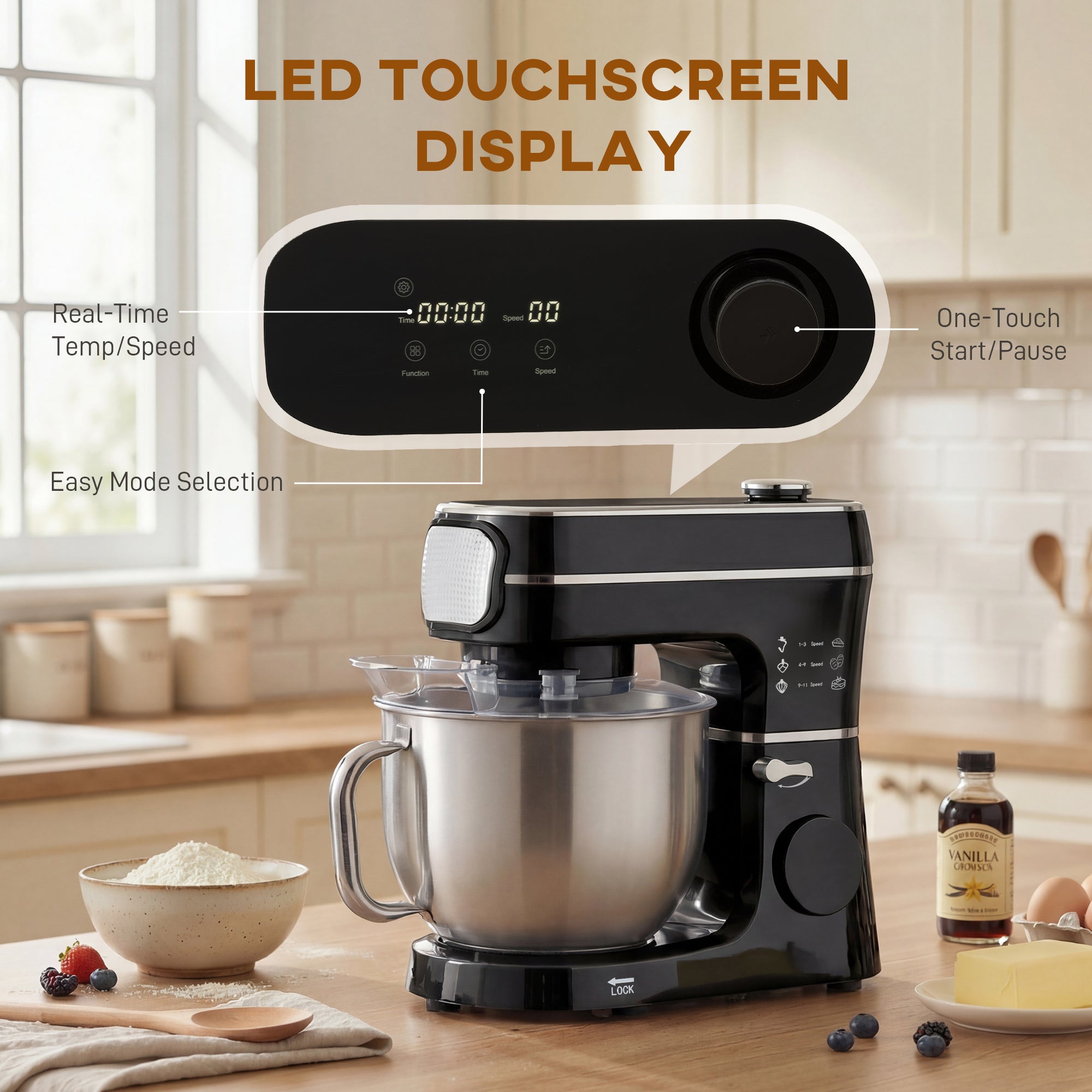 HOMCOM Stand Mixer, 6L 1400W Tilt-Head Food Mixer with 11 Speeds, Pulse & Fermentation Function, LED Display, Black 