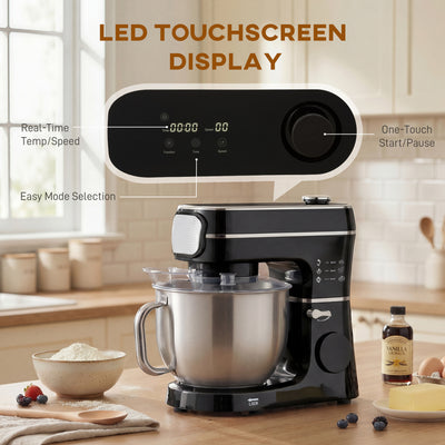 HOMCOM Stand Mixer, 6L 1400W Tilt-Head Food Mixer with 11 Speeds, Pulse & Fermentation Function, LED Display, Black 