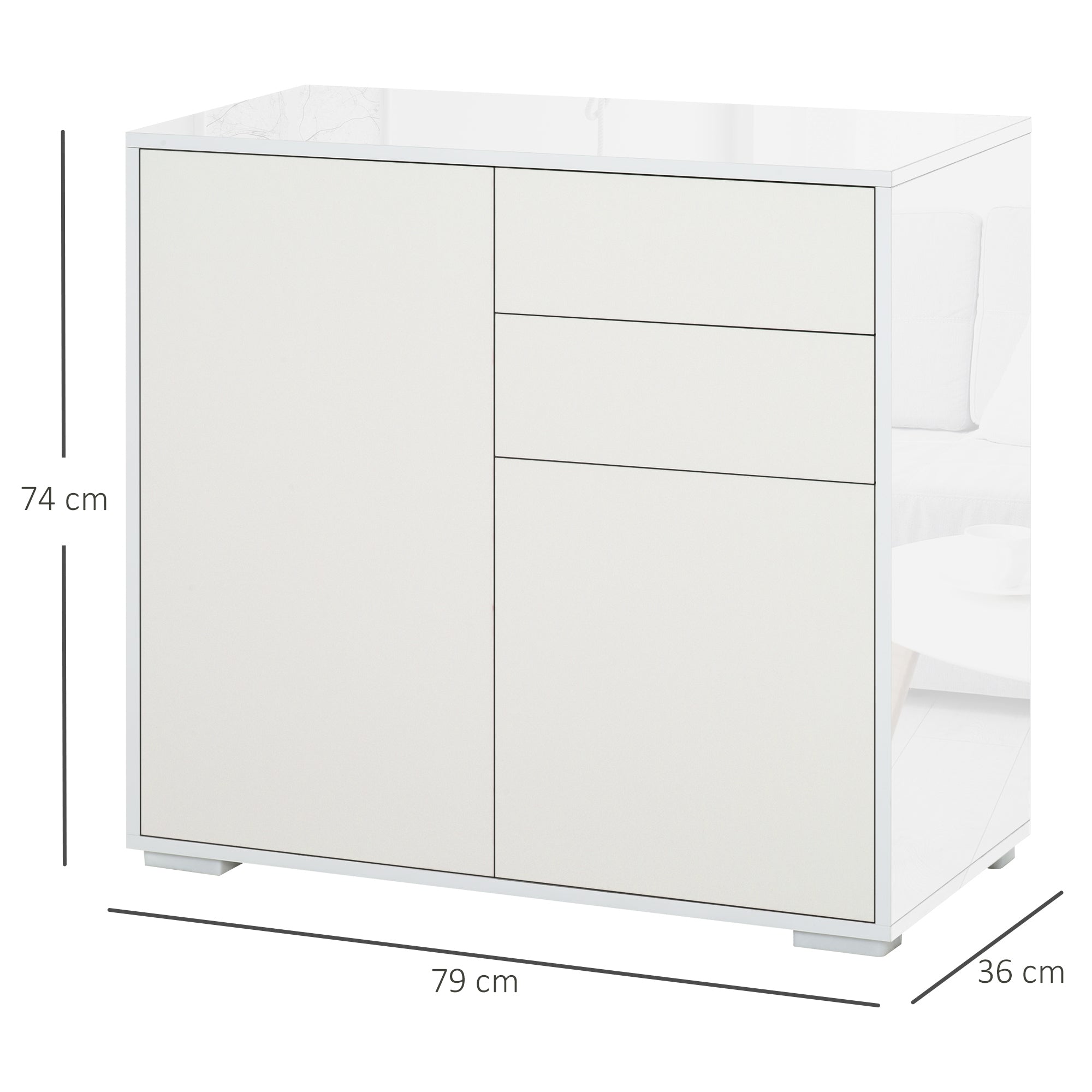 HOMCOM High Gloss Frame Sideboard, Push-Open Design with 2 Drawer for Living Room, Bedroom, 74H x 79W x 36Dcm, White 