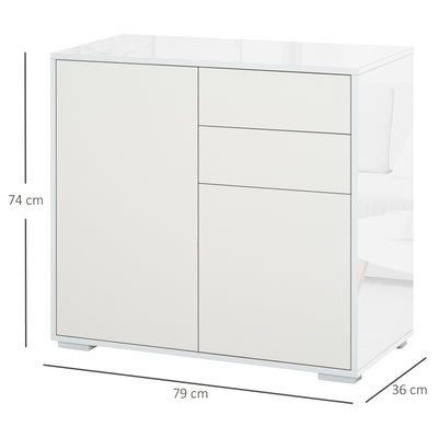 HOMCOM High Gloss Frame Sideboard, Push-Open Design with 2 Drawer for Living Room, Bedroom, 74H x 79W x 36Dcm, White 