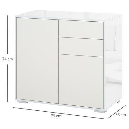 HOMCOM High Gloss Frame Sideboard, Push-Open Design with 2 Drawer for Living Room, Bedroom, 74H x 79W x 36Dcm, White 