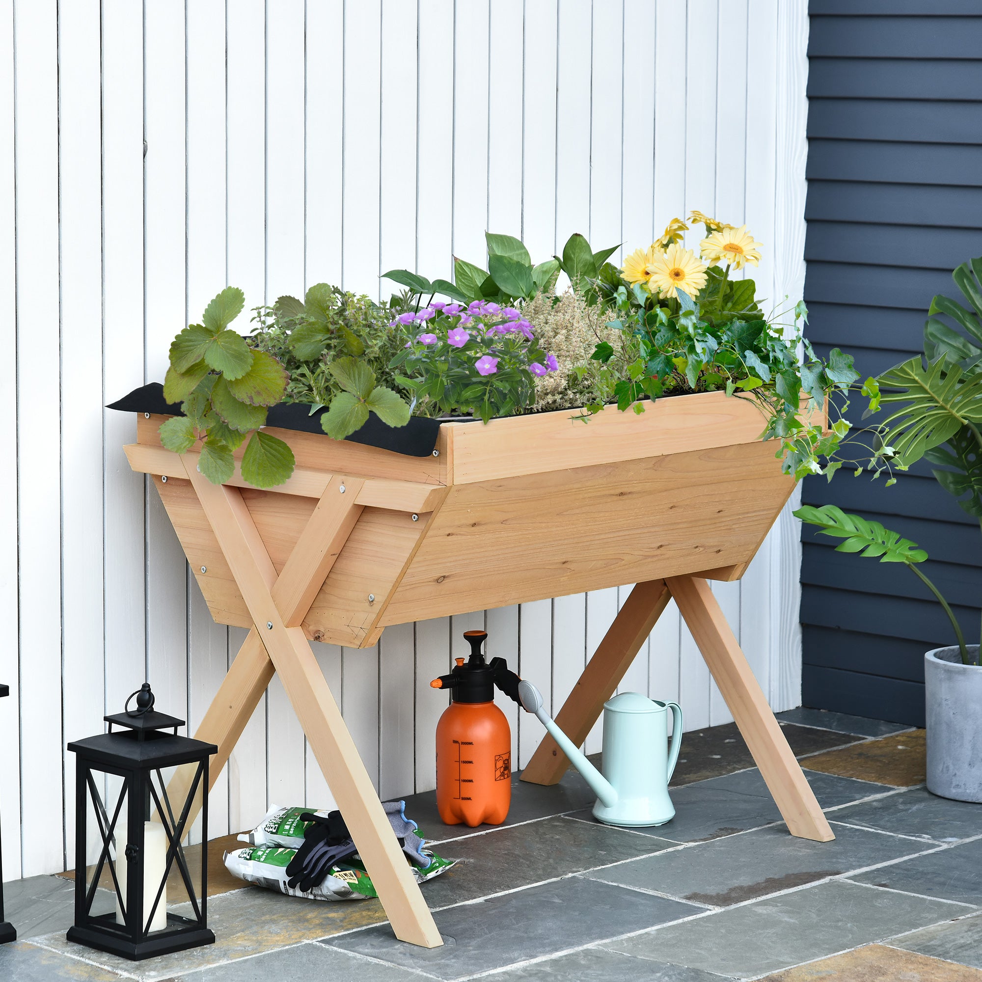 Outsunny Large Fir Wood Raised Plant Stand Oak Tone 