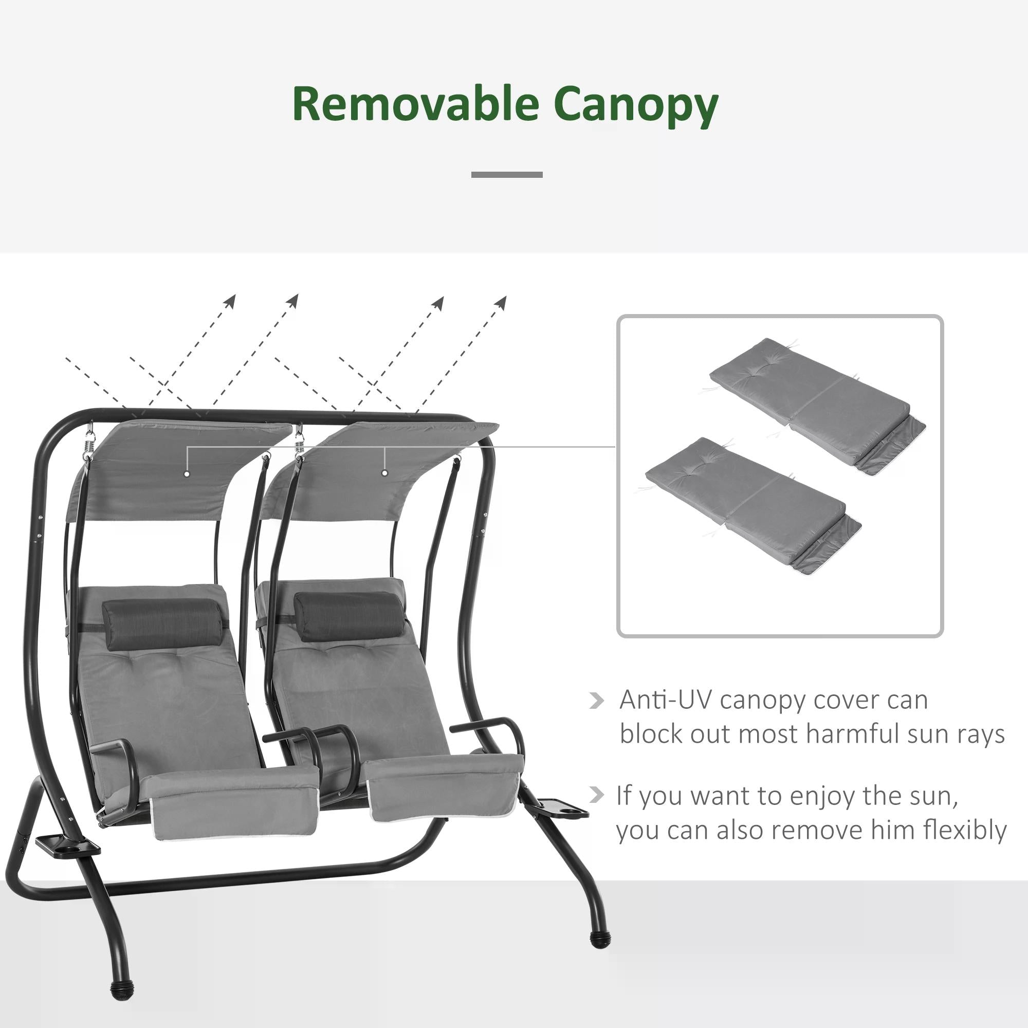 Outsunny Canopy Swing 2 Separate Relax Chairs w/ Handrails and Removable Canopy Grey 