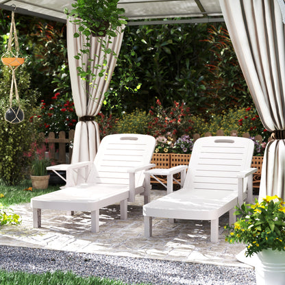 Outsunny Set of 2 Resin Reclining Sun Loungers for Garden, 5 Positions Adjustable Outdoor Chaise Lounge Chairs with Wood Texture Surface, Armrests, Foldable Side Table for Garden, Beach, White 