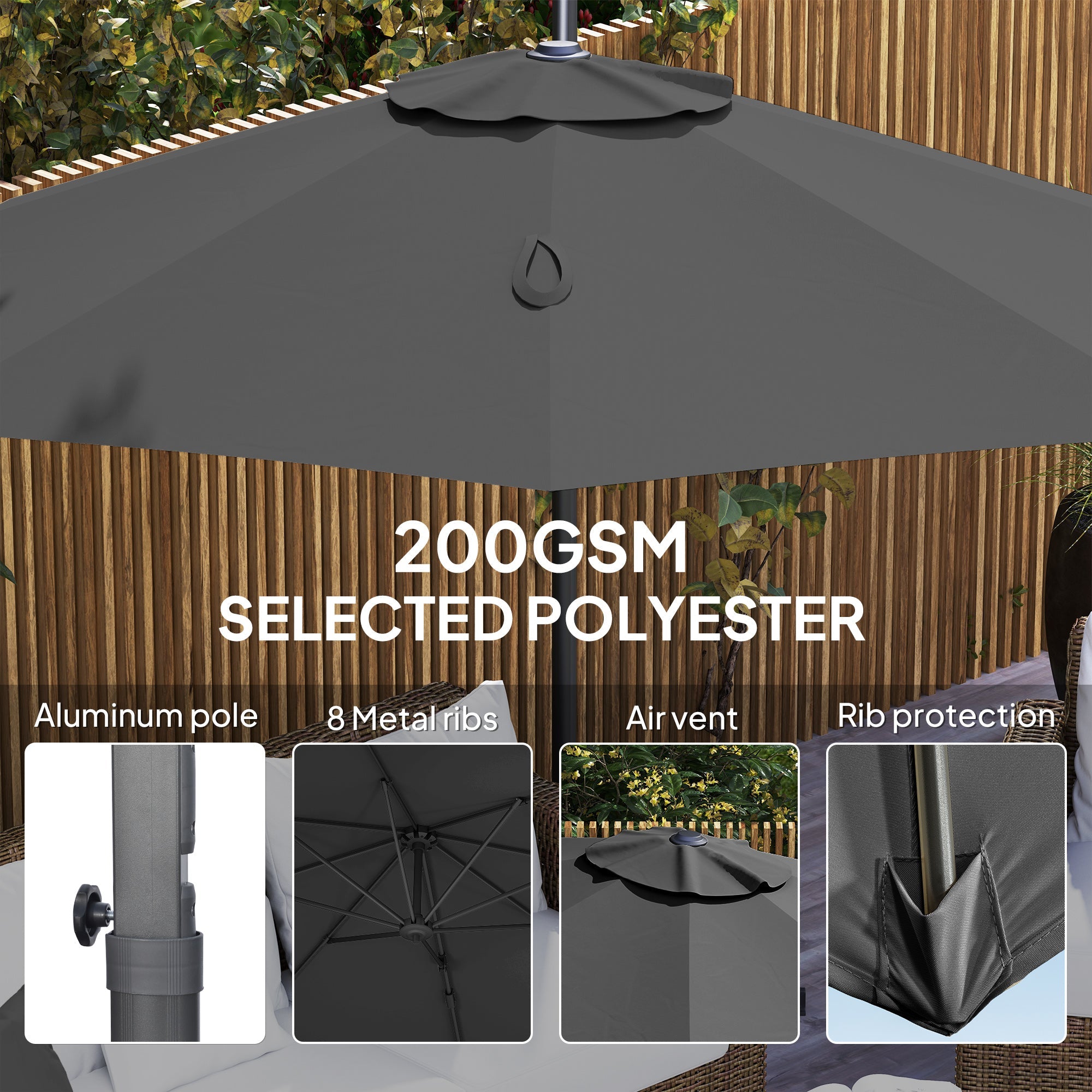 Outsunny 3 x 3(m) Cantilever Parasol with Cross Base, Garden Umbrella with 360° Rotation, Crank Handle and Tilt for Outdoor, Black 