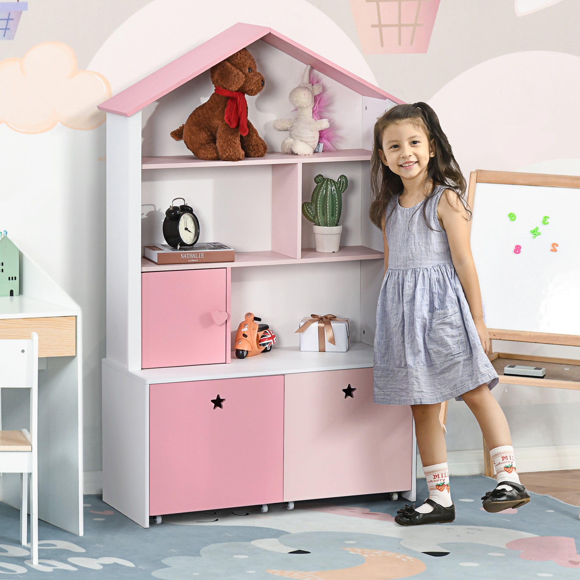 HOMCOM Kids Bookshelf Chest w/ Drawer with Wheels Baby Toy Wood Organizer Display Stand Storage Cabinet 80x34x130cm Pink 