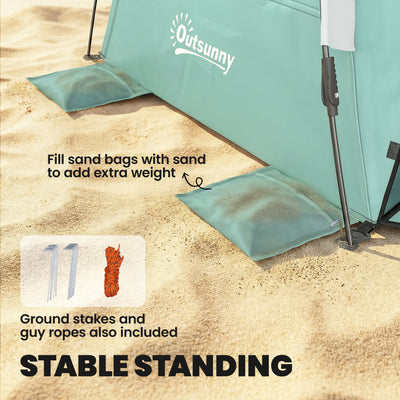 Outsunny 2-3 Person Pop Up Beach Tent, UPF15+ Sun Shelter with Extended Floor, Sandbags, Mesh Windows and Carry Bag, Green 