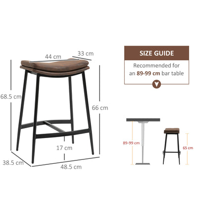 HOMCOM Breakfast Bar Stools Set of 2, Microfibre Upholstered Barstools, Industrial Bar Chairs with Curved Seat and Steel Frame for Dining Room, Kitchen, Brown 