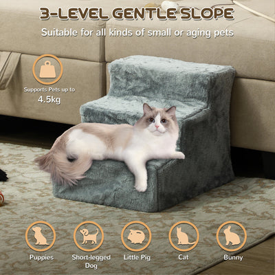 PawHut Three-Step Dog Stairs, with Washable Plush Cover, for High Bed Sofa, Dog Stairs for Small Dog and Cat - Light Grey 