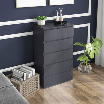 HOMCOM 5-Drawer Modern Dresser, High Gloss Storage Drawer Unit for Bedroom, Grey 
