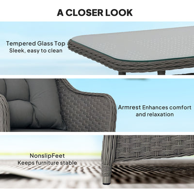 Outsunny Four-Piece Rattan Set, with Glass-Top Table - Light Grey 