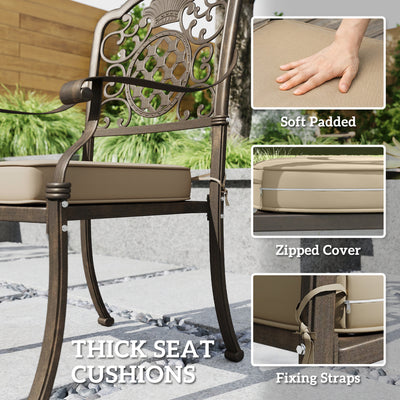 Outsunny Garden Dining Set for 6, Cast Aluminium Outdoor Table and Chairs Set with Cushions, Parasol Hole for Patio, Bronze Tone 