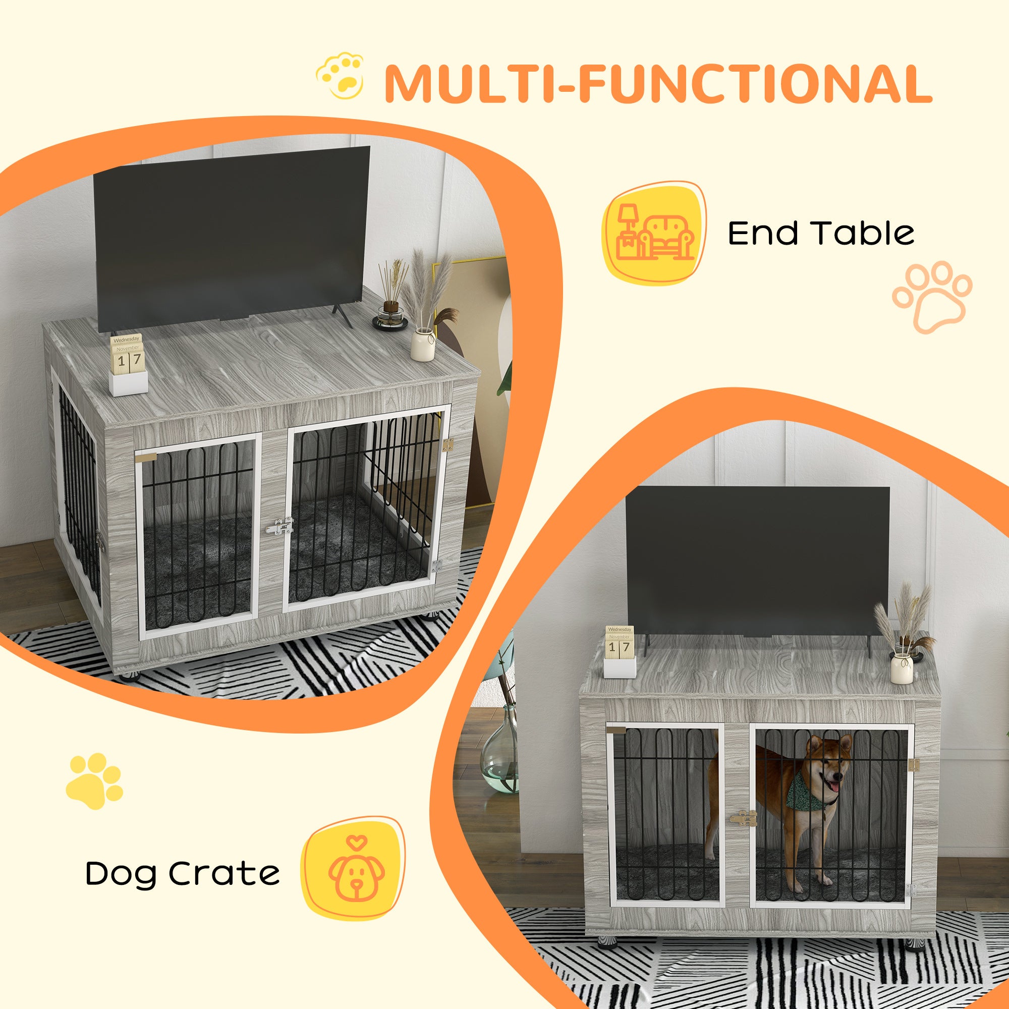 PawHut Indoor Dog Kennel w/ Soft Cushion, Double Door for Large Dogs, 106 x 74 x 81.5cm, Grey 