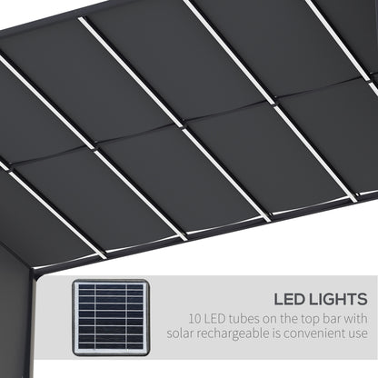 Outsunny 3(m) x 4m Metal Pergola with LED Lights, Outdoor Garden Pergola with Sliding Roof, Solar Powered, for BBQ,\'c2\'a0Lawn, Dark Grey