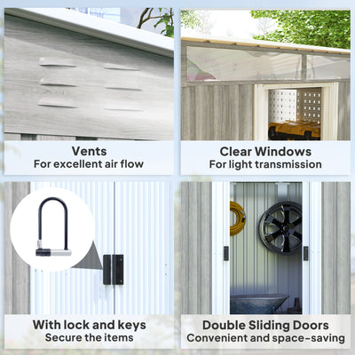 Outsunny 6.5 x 4FT Galvanised Metal Shed with Foundation Kit, Lockable Tool Garden Shed with Double Sliding Doors, Vents, Light Grey Wood Effect 