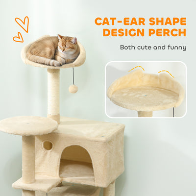 PawHut 140cm Large Cat Tree Tower with Sisal Scratching Posts, Plush Perches, Hammock, Beige 
