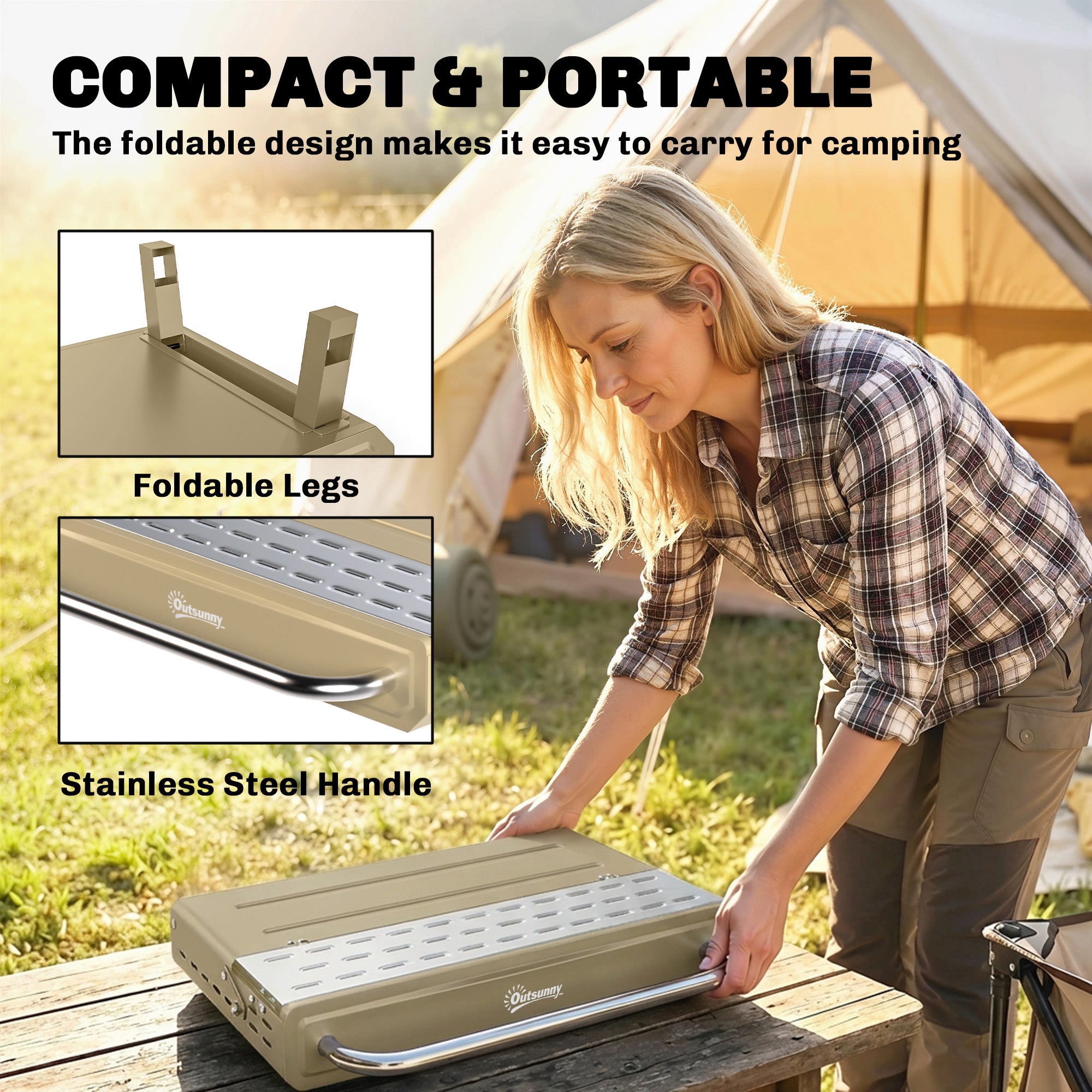 Outsunny Portable BBQ Grill, Charcoal Barbecue Grill with Adjustable Grates, Foldable Legs, Side Shelf for Camping Travel, Khaki 