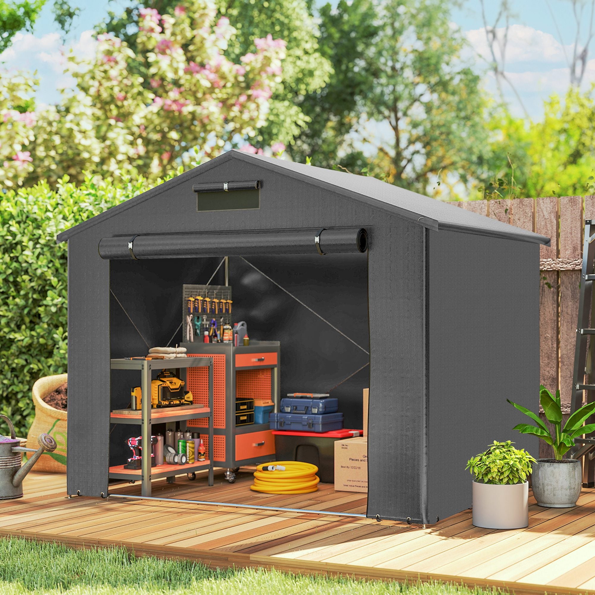 Outsunny 8 x 6 ft Outdoor Garden Storage Shed, Waterproof Bike Tent with Roll-Up Zipper Door, Dark Grey 