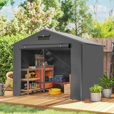 Outsunny 8 x 6 ft Outdoor Garden Storage Shed, Waterproof Bike Tent with Roll-Up Zipper Door, Dark Grey 