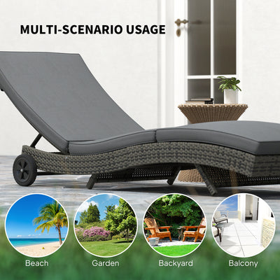 Outsunny Patio Wicker Chaise Lounge Chair, Outdoor PE Rattan Sun Lounger with Adjustable Backrest and 2 Wheels, Dark Grey 