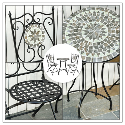 Outsunny 3 Pcs Mosaic Tile Garden Bistro Set Outdoor Seating w/ Table 2 Folding Chairs Set Metal Frame Elegant Scrolling Indoor Patio Balcony 