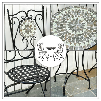 Outsunny 3 Pcs Mosaic Tile Garden Bistro Set Outdoor Seating w/ Table 2 Folding Chairs Set Metal Frame Elegant Scrolling Indoor Patio Balcony 