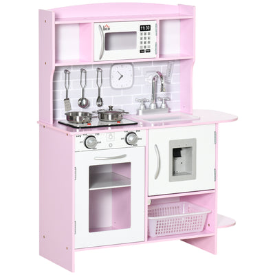HOMCOM Kids Kitchen Playset, with Lights, Sounds, Microwave, Sink and Storage - Pink 