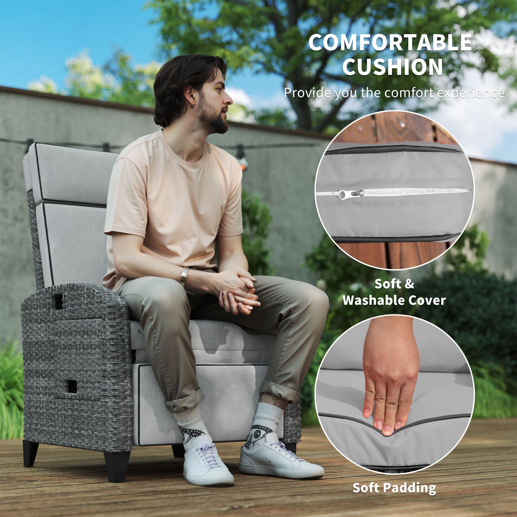 Outsunny Outdoor Recliner Chair with Adjustable Backrest and Footrest, Cushion, Side Tray, Light Grey 