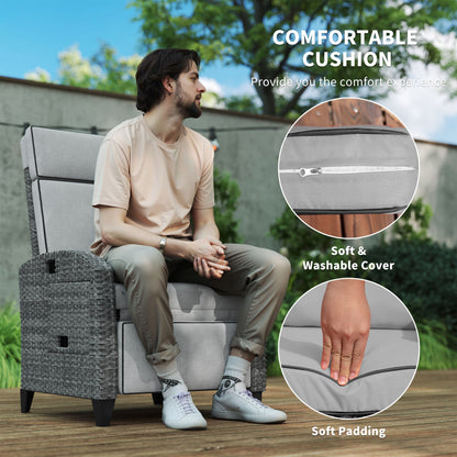 Outsunny Outdoor Recliner Chair with Adjustable Backrest and Footrest, Cushion, Side Tray, Light Grey 