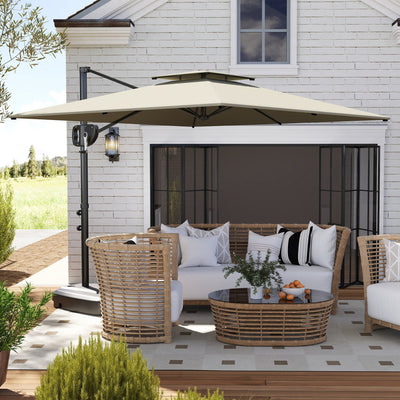 Outsunny Cantilever Parasol with Weighted Base Double Top Garden Parasol Square Hanging Patio Umbrella with Crank Tilt Light Grey 
