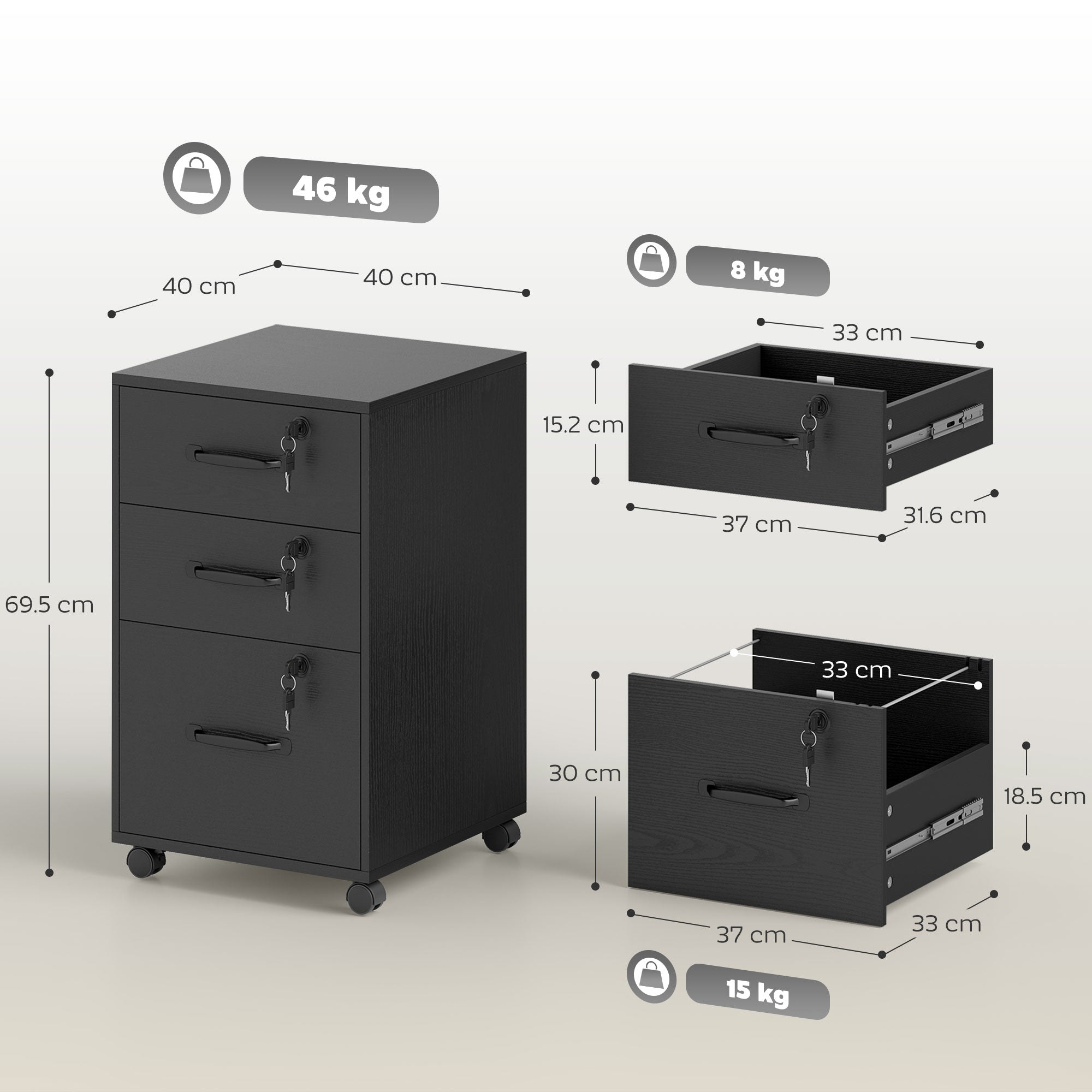 HOMCOM Three Drawer Wood-Effect Filing Cabinet - Black 