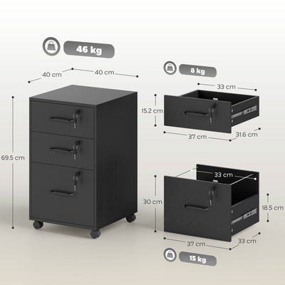 HOMCOM Three Drawer Wood-Effect Filing Cabinet - Black 