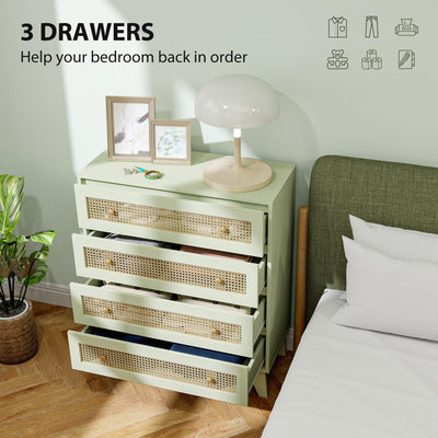 HOMCOM Chest of Drawers, 4-Drawer Storage Organiser Unit with Rattan Element for Bedroom, Living Room, Light Green 