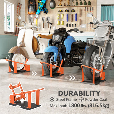 HOMCOM Motorcycle Wheel Chock, 816.5 kg Capacity Heavy Duty Steel Motorcycle Front Wheel Chock Holder with 3 Height Adjustable Holes, Fits 381-533.4 mm Wheels, Orange 
