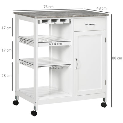 HOMCOM Compact Kitchen Trolley Utility Cart on Wheels with Wine Rack, Drawer, Open Shelf and Storage Cabinet for Dining Room, White 