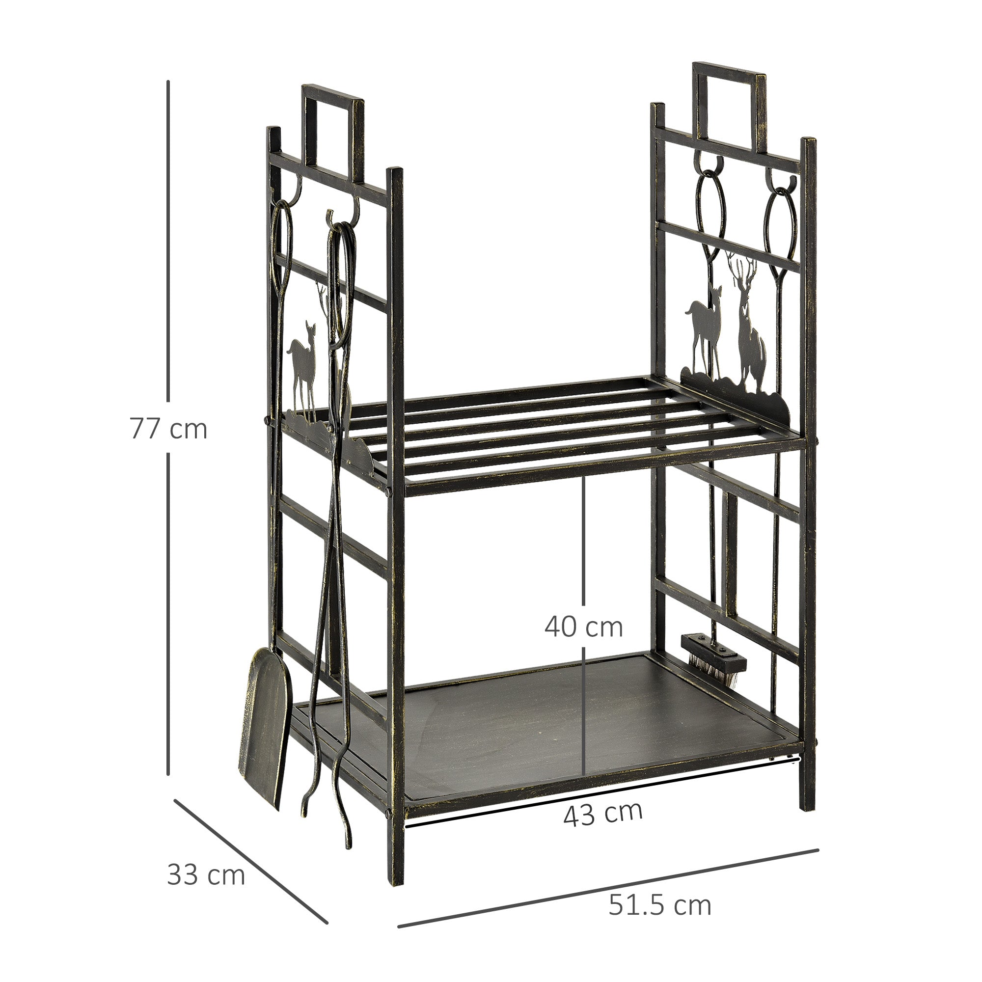 Outsunny Metal Firewood Log Holder 2 Tier Firewood Rack Indoor Outdoor Fireplace Wood Storage Shelf with 4 Tools, Hooks, Elk Shape Design, Black Gold Tone, 51.5W x 33D x 77H cm 