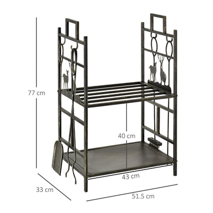 Outsunny Metal Firewood Log Holder 2 Tier Firewood Rack Indoor Outdoor Fireplace Wood Storage Shelf with 4 Tools, Hooks, Elk Shape Design, Black Gold Tone, 51.5W x 33D x 77H cm 