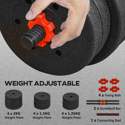HOMCOM 20kg 2 IN 1 Adjustable Dumbbells Weight Set, Dumbbell Hand Weight Barbell for Body Fitness, Lifting Training for Home, Office, Gym, Black 