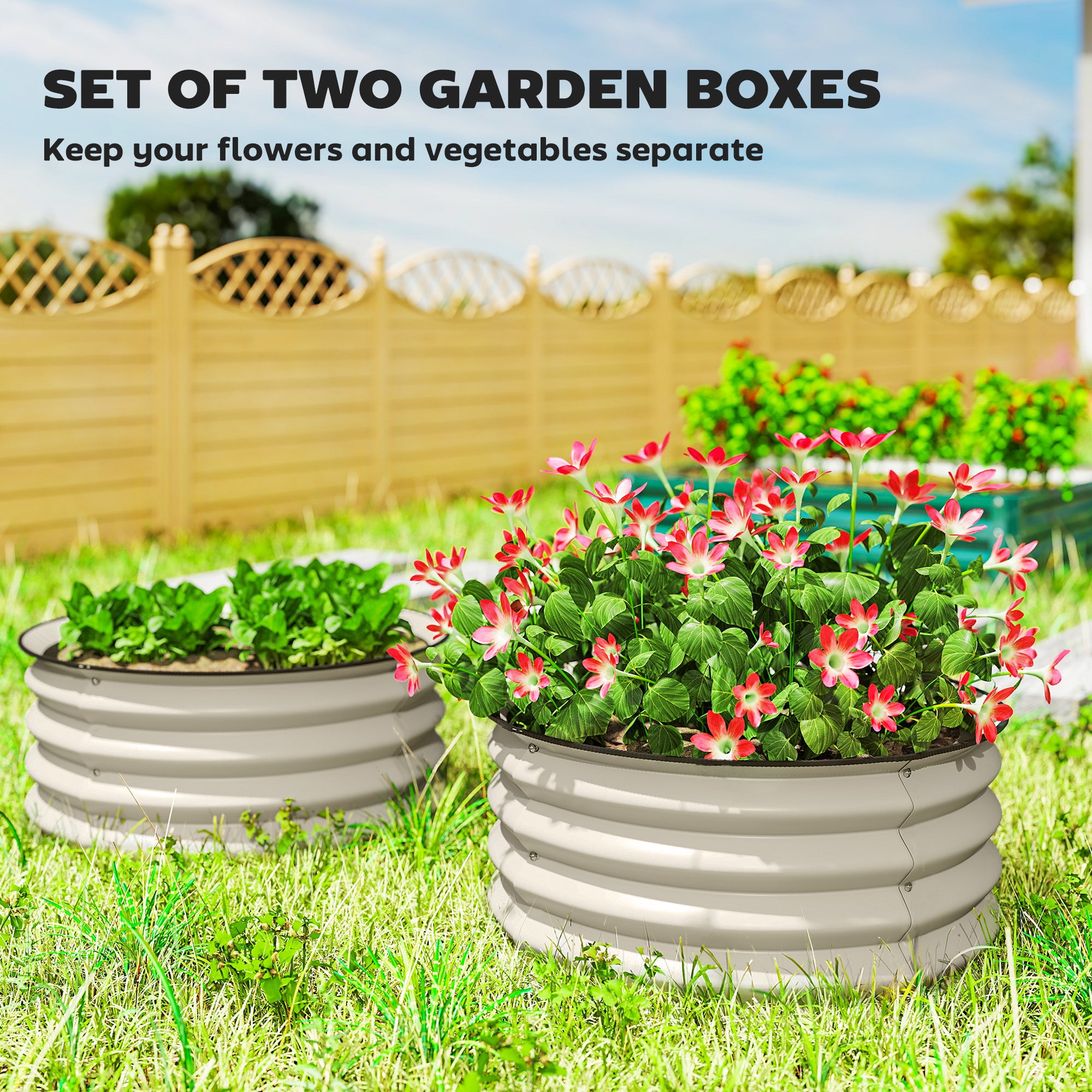 Outsunny Set of 2 Raised Garden Bed, Metal Planter Box with Safety Edging, Easy-to-assemble Stock Tank, Cream White 