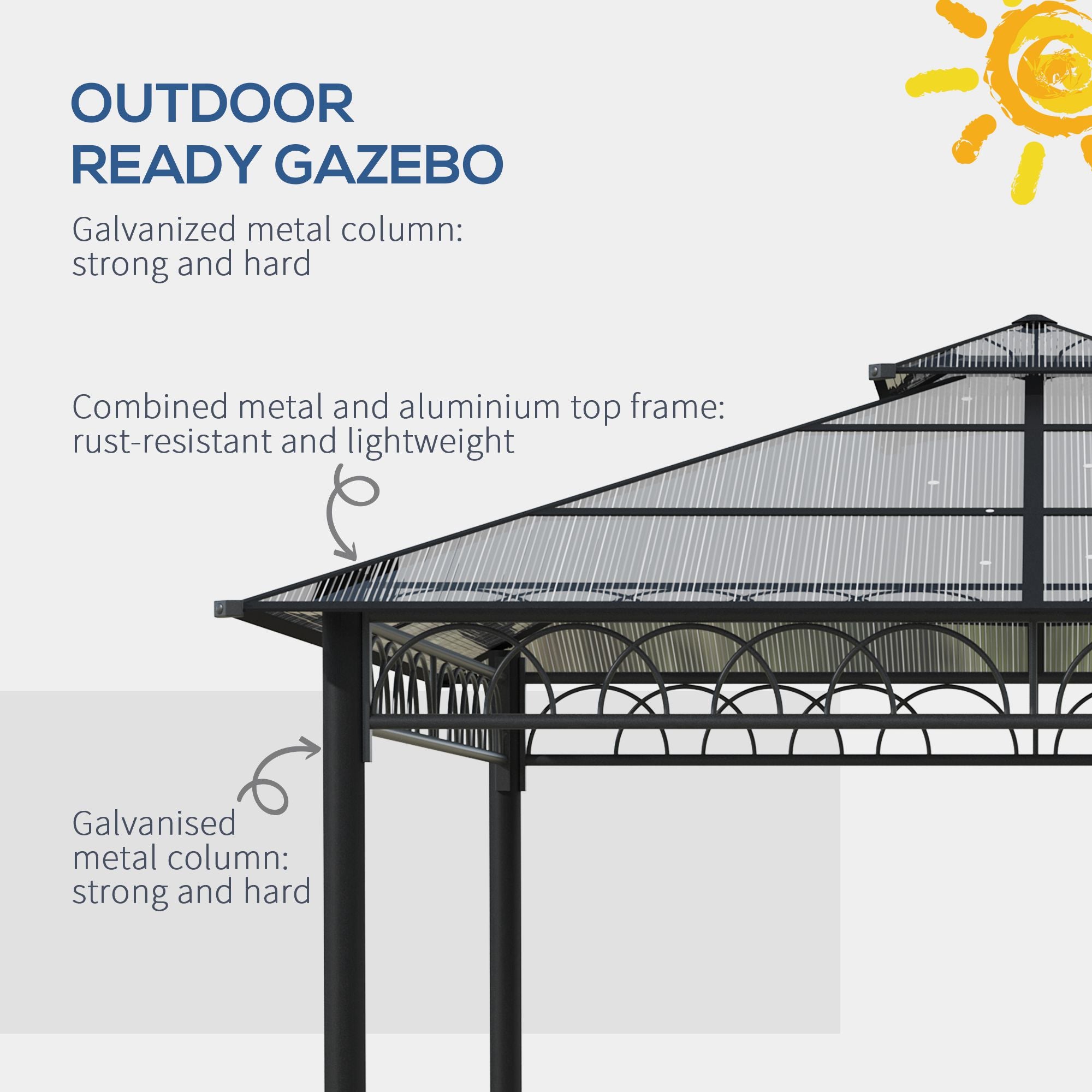 Outsunny 3 x 3 (m) Outdoor Polycarbonate Gazebo, Double\'c2\'a0Roof Hard Top Gazebo with\'c2\'a0Galvanised Steel Frame, Nettings\'c2\'a0&\'c2\'a0Curtains for Garden, Lawn, Patio and Deck, Khaki