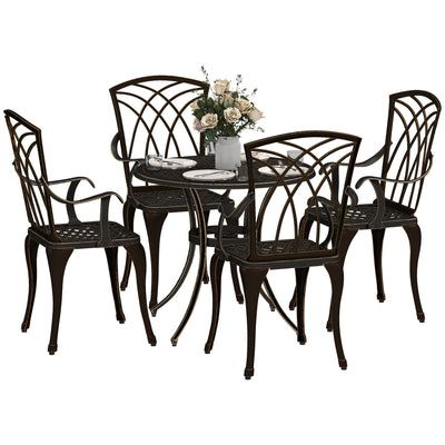 Outsunny 5 Pieces Garden Dining Set for 4, Cast Aluminium Outdoor Dining Set with 4 Armchairs and Round Dining Table with Parasol Hole, Garden Furniture Set, Bronze Tone 