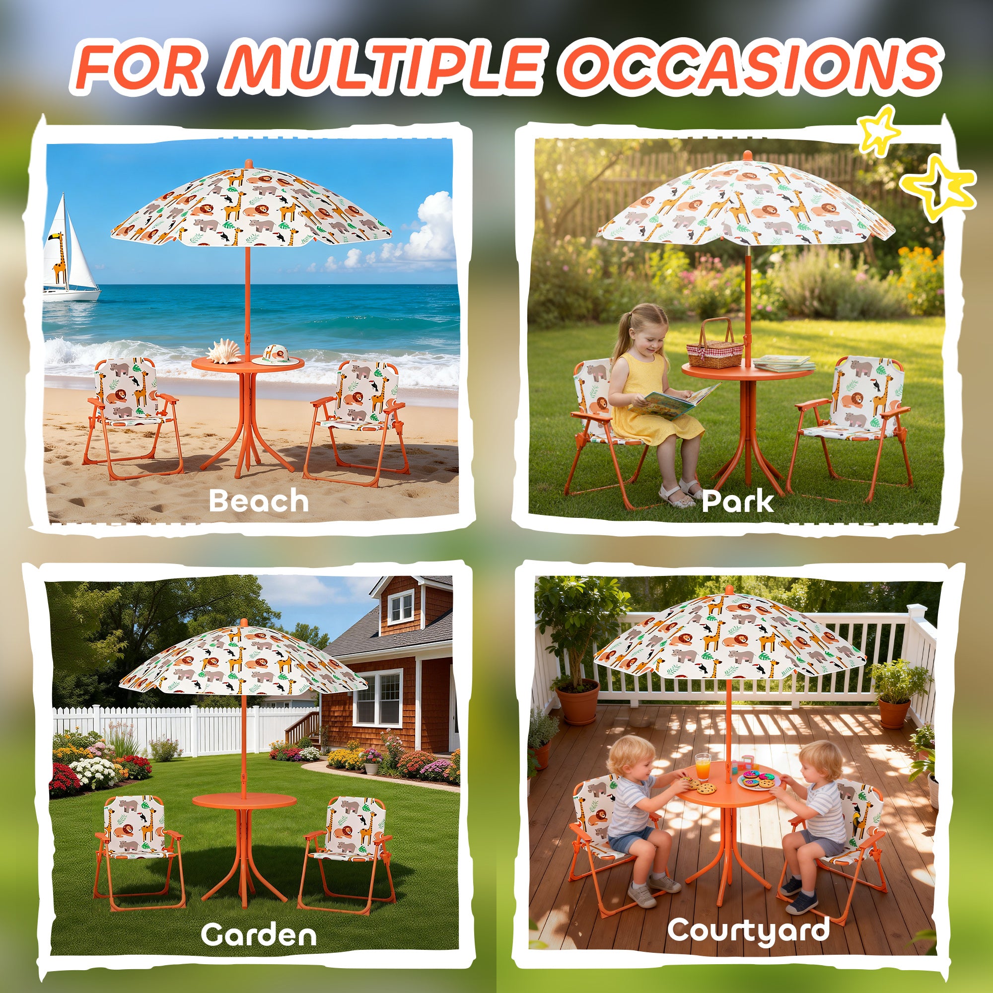 AIYAPLAY Kids Patio Set, Children Table and Chair Set, Outdoor Picnic Table with 2 Folding Chairs and Umbrella, Orange 