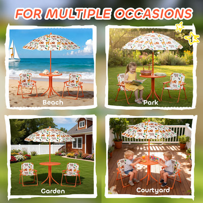 AIYAPLAY Kids Patio Set, Children Table and Chair Set, Outdoor Picnic Table with 2 Folding Chairs and Umbrella, Orange 